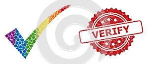 Grunge Verify Stamp Seal and Bright Colored Confirm Tick Collage