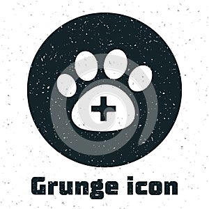 Grunge Veterinary clinic symbol icon isolated on white background. Cross hospital sign. A stylized paw print dog or cat