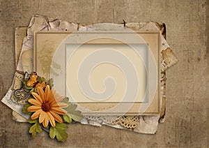 Grunge vintage background with old frame and flowers