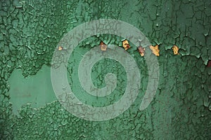 Grunge, Vintage. Closeup of an old green painted sheet iron, metal door with peeling paint and rust.