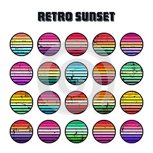 Grunge vintage sunset collection. Colorful striped sunrise badges in 80s and 90s style. Sun and ocean view, summer vibes