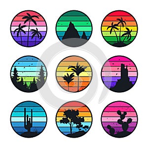 Grunge vintage sunset collection. Colorful striped sunrise badges in 80s and 90s style. Sun and ocean view, summer vibes