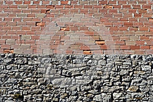 Grunge wall divided into two parts. In the lower part gray natural stones and in the upper part exposed bricks and concrete