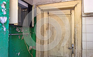 Grunge weathered mossy wooden door