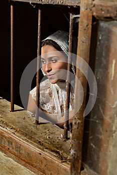 Grunge window and lady in lace