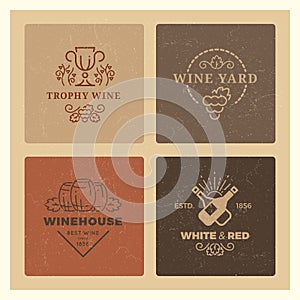 Grunge wine logos. Vintage hipster wine vector emblems