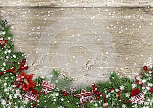 Grunge wood background with Christmas firtree, holly&mittens