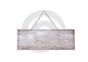 Grunge wood sign frame with small iron chain hanging isolated on white background , clipping path