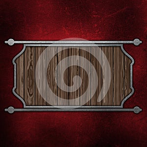 Grunge wooden plaque on red stratched metal background