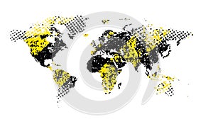 Grunge world map with cracks and scuffs, background yellow and black stripes warning danger, design flat style vector
