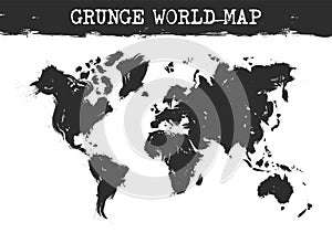 Grunge world map . Realistic black ink color painting design . White isolated background . Vector