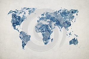 Grunge world map on vintage paper background in watercolour style