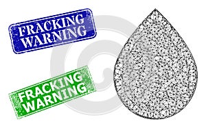 Grunged Fracking Warning Stamp Seals and Triangular Mesh Oil Drop Icon