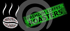 Grunged Premium Coffee Roasters Badge and Hatched Coffee Vapor Mesh with Bright Glitter Dots