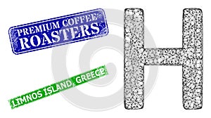 Grunged Premium Coffee Roasters Imprints and Polygonal Mesh Eta Greek Symbol Icon