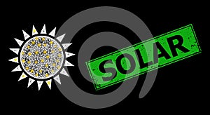 Grunged Solar Badge and Network Sun Web Mesh with Bright Flares