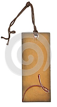 Grungy aged paper tags with metal rivets and simple traditional strings, isolated white background, highly detailed. Blank price