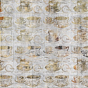 Grungy coffee cup wall art with vintage newspaper background