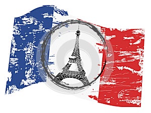 Grungy french flag with paris tower symbol