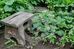 grungy garden kneeler beside fresh plantings