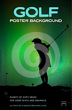 Grungy golf background with woman player silhouette and copy space