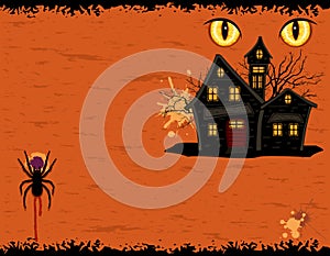 Grungy Halloween party card with ghosts mansion