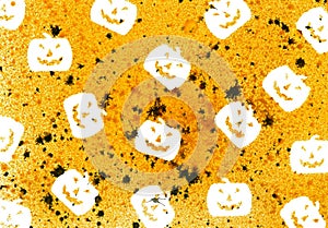 A grungy Halloween pattern background with Jack o lanterns in watercolor