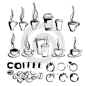 Grungy hand drawn ink coffee to go cups and mugs with steam, roasted beans and letterig set. Black and white