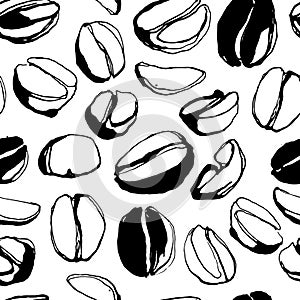 Grungy hand drawn ink roasted coffee beans seamless pattern. Black and white