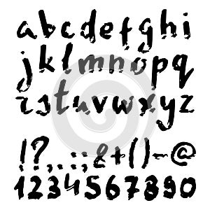 Grungy handwritten font, scribbled English letters, numbers and punctuation signs