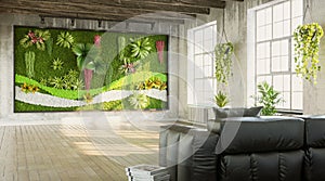Grungy interior of living room with green wall, loft styel , 3d render