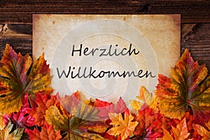 Grungy Old Paper, Colorful Leaves, Willkommen Means Welcome