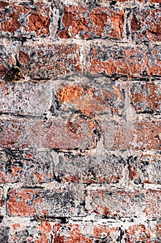 Grungy old red brick wall texture background with deterioration from age