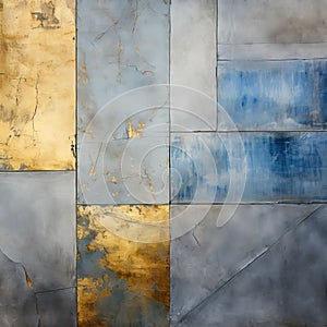 Grungy Patchwork Wall Painting With Gold, Silver, And Blue Tones