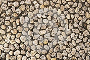 Grungy photo texture of pebble paving, top view background. White pebbles in grey sand top view