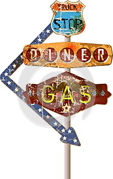 Grungy retro usa highway gas station, diner and truck stop sign,vector photo