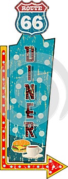 Grungy route 66 diner sign, retro grungy vector illustration