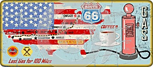 Grungy route 66 gas station sign and road map,retro grung