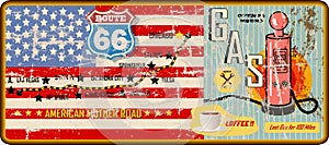 Grungy route 66 gas station sign and road map,retro grungy vector