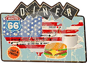 Grungy route 66 diner sign and road map, retro grungy vec