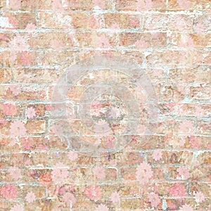 Grungy shabby vintage brick wall with floral pattern