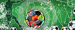 Grungy soccer or football illustration with goal getter, soccer ball and rough texture, great soccer event this year. photo