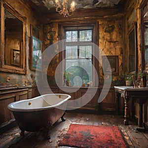 a grungy victorian era bathroom with rusted features