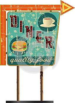 Grungy route sixty six diner sign, retro grungy vector illustration