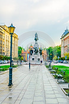 The Grunwald Monument with the Barbikan fortress in the plac Jana Matejki Krakow Poland...IMAGE