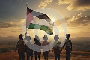 Grup of child holds a Palestinian flag, hope a freedom