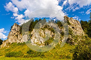 Grupa Zabiego Konia limestone rock massif in Kobylanska Valley within Jura Krakowsko-Czestochowska upland in Poland