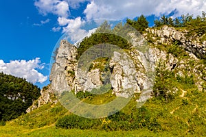 Grupa Zabiego Konia limestone rock massif in Kobylanska Valley within Jura Krakowsko-Czestochowska upland in Poland