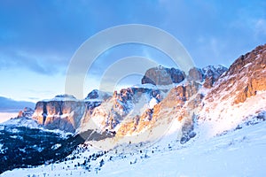 Gruppo del Sella in the light sunset, Canazei, Italy