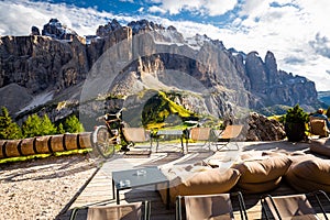 Gruppo Sella mountain range massif restaurant view, South Tyrol Italy